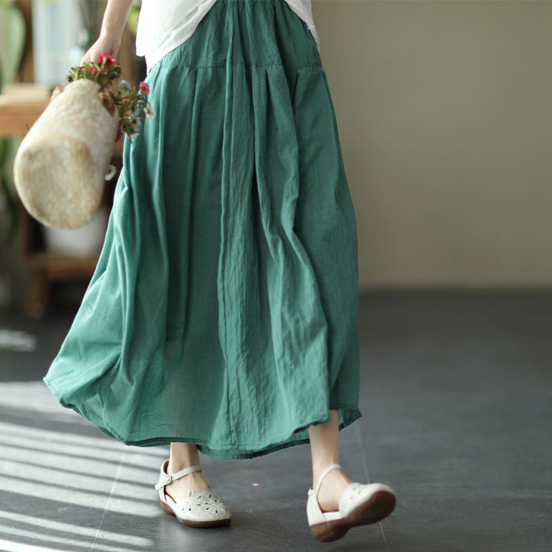 Pure Color Elastic Waist Cotton Ramie Body Pleated Long Skirt Summer Big Swing Skirt