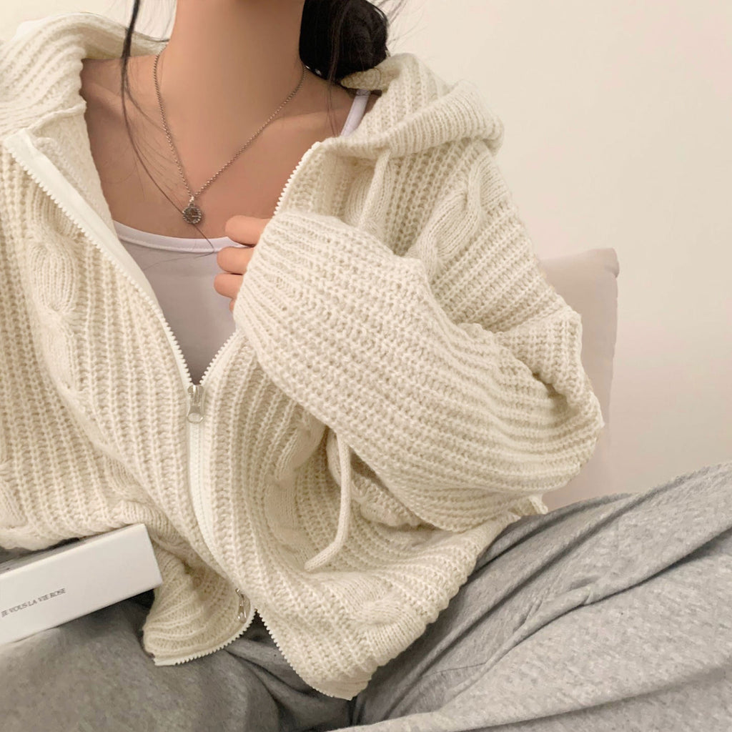 Hooded Long Sleeve Knitted Sweater Cardigan Coat Women