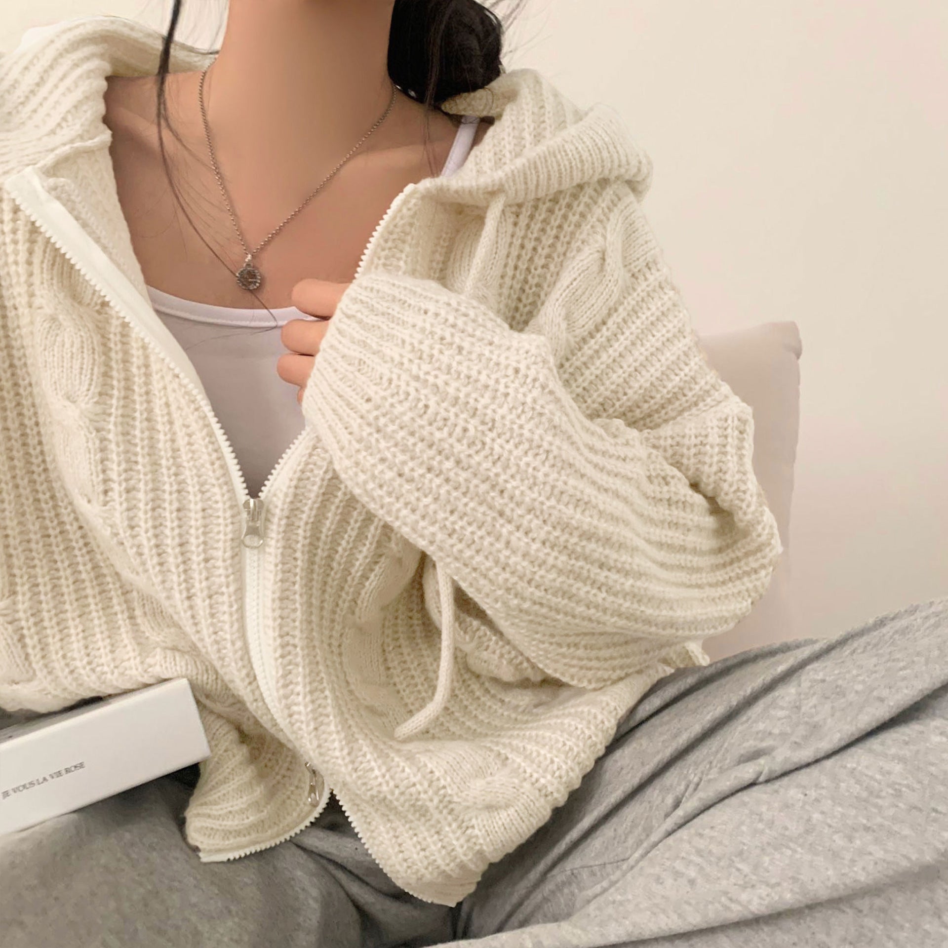 Hooded Long Sleeve Knitted Sweater Cardigan Coat Women
