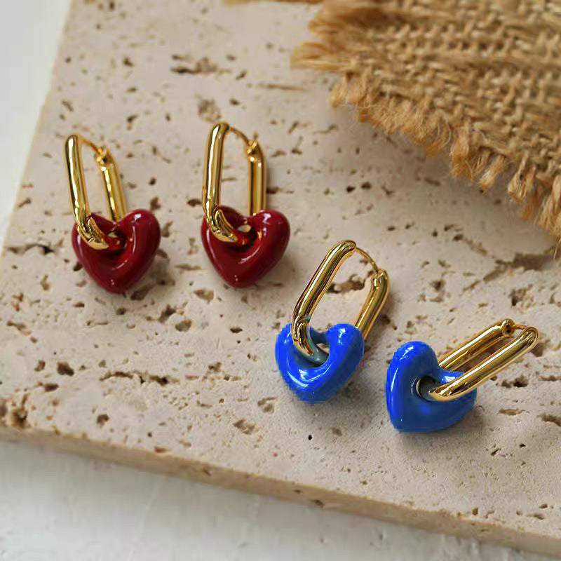 Titanium Steel Vintage Dripping Oil Red Love Heart Earrings Women