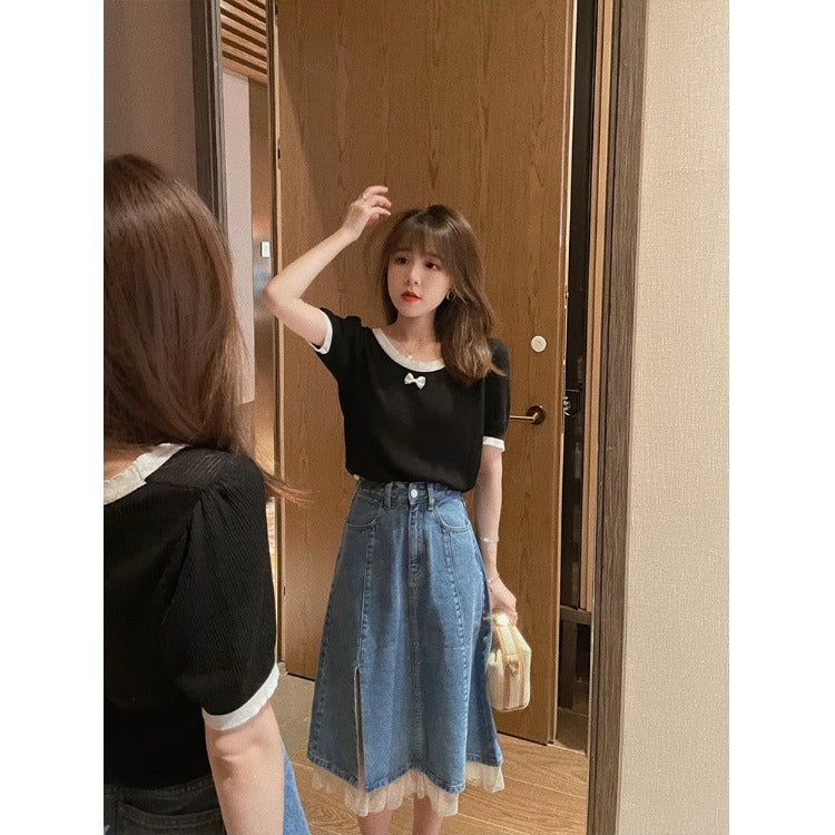 Mid-length Slit Design Niche Mesh Stitching Skirt