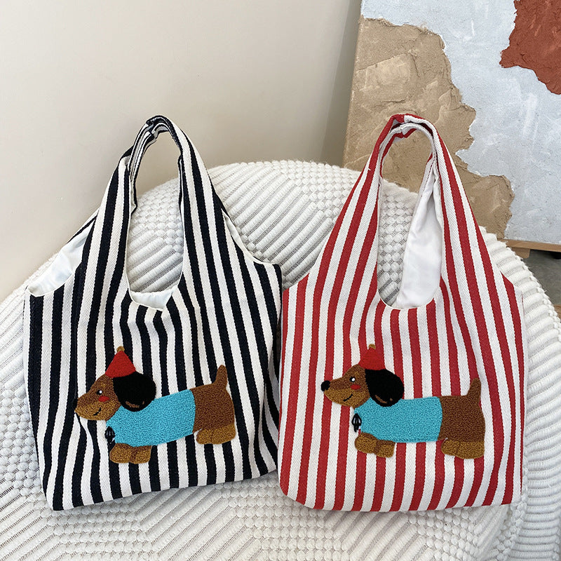 Cute Cartoon Embroidery Puppy Shoulder Bag Fashion Striped Hand-carrying Canvas Bag