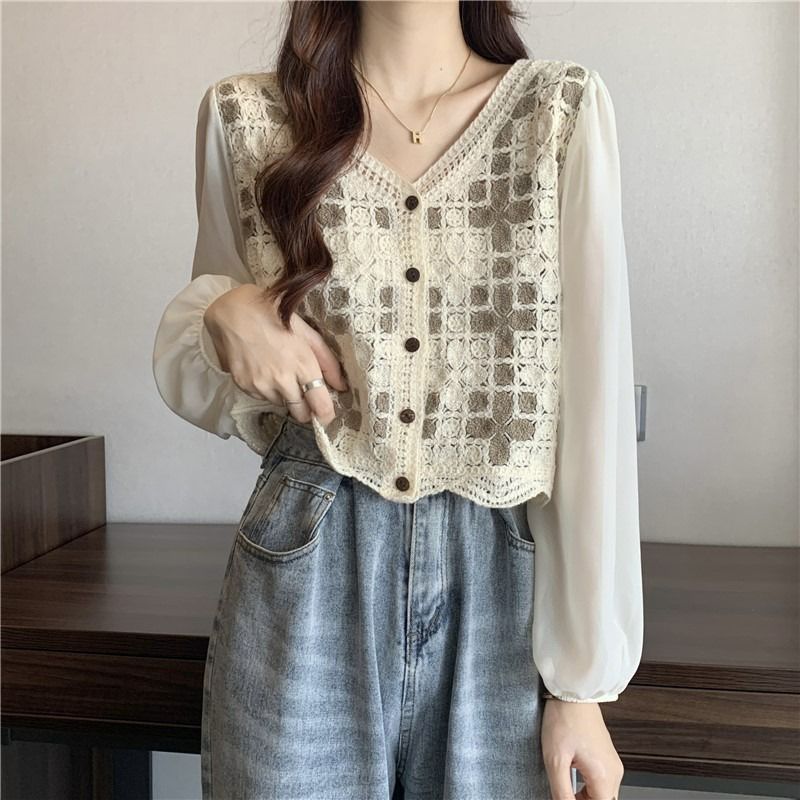 Hollow Lace Shirt Spring Fashion Long Sleeve Stitching