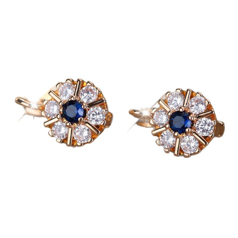 Round White Zircon Sapphire Blue Zircon Flower Basket Earrings