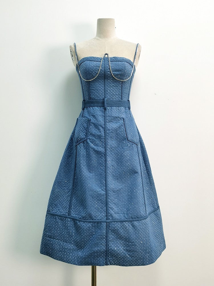 High-grade French Style Denim Rhinestone Sling Dress
