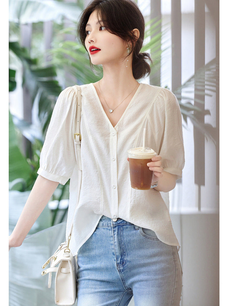 Retro French V-neck Short Sleeve Shirt