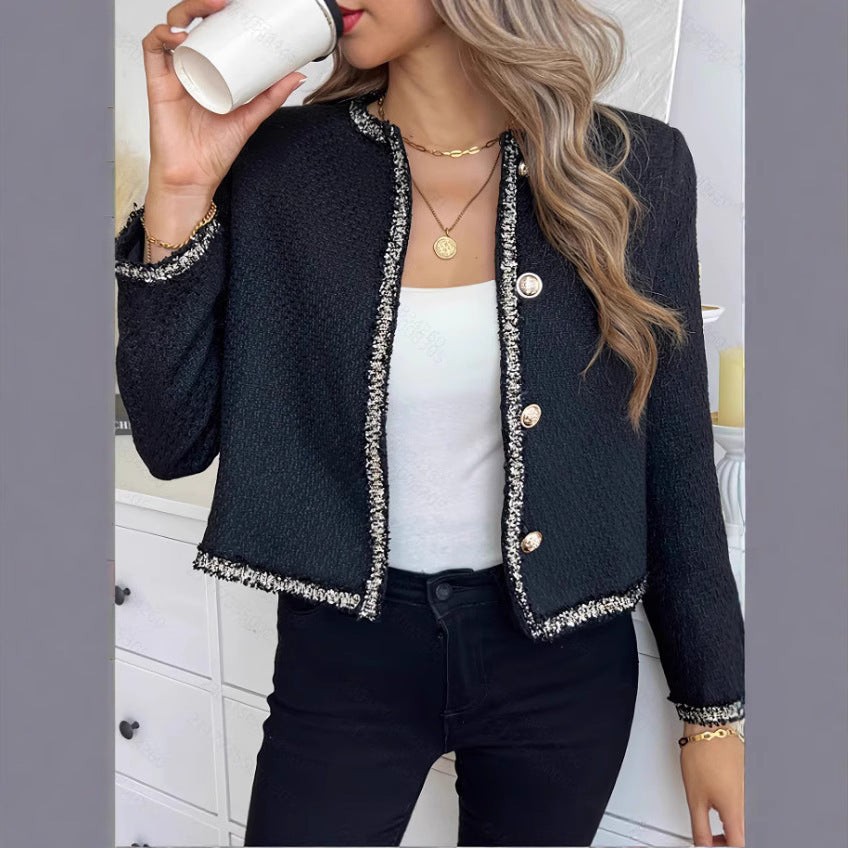 European And American Black Tweed Coat