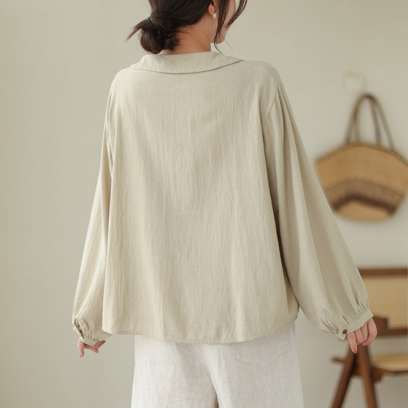 Women's Simple Doll Collar Cotton Linen Long Sleeve Blouse