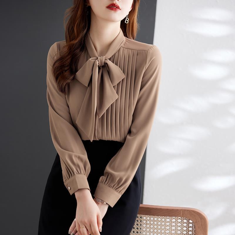 Light Brown Lacing Chiffon Long Sleeve Shirt For Women