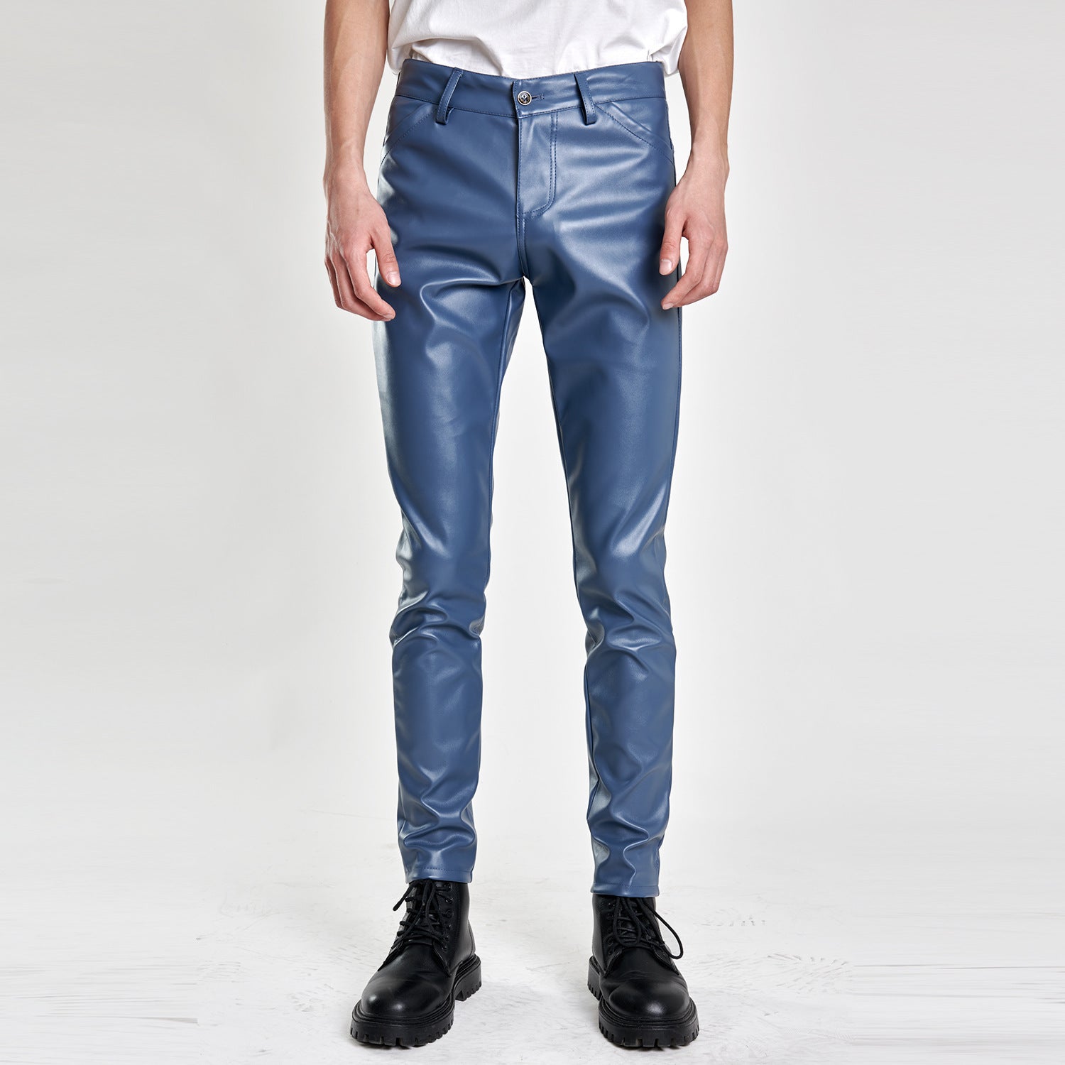 Men's Stretch Slim Fit Popular Green Bar Orange Orange Breathable Leather Pants