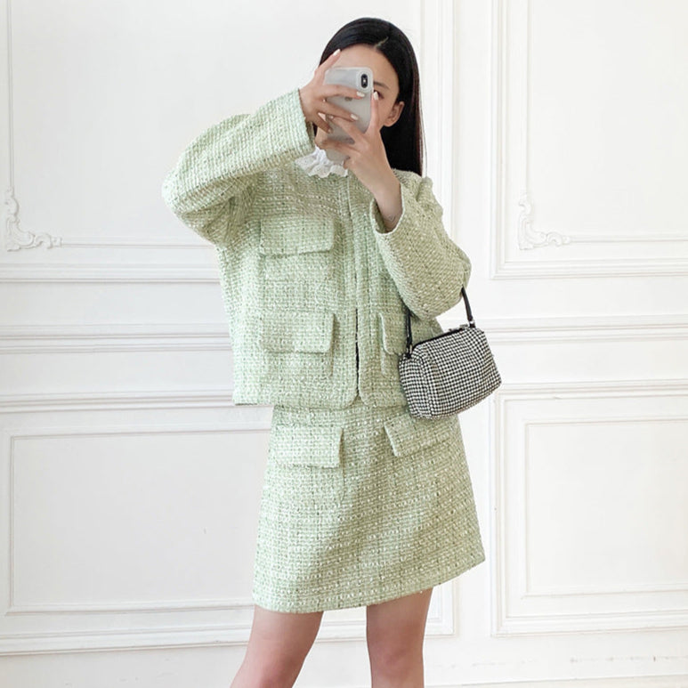 Light Green Tweed Glossy Lace Collar Jacket