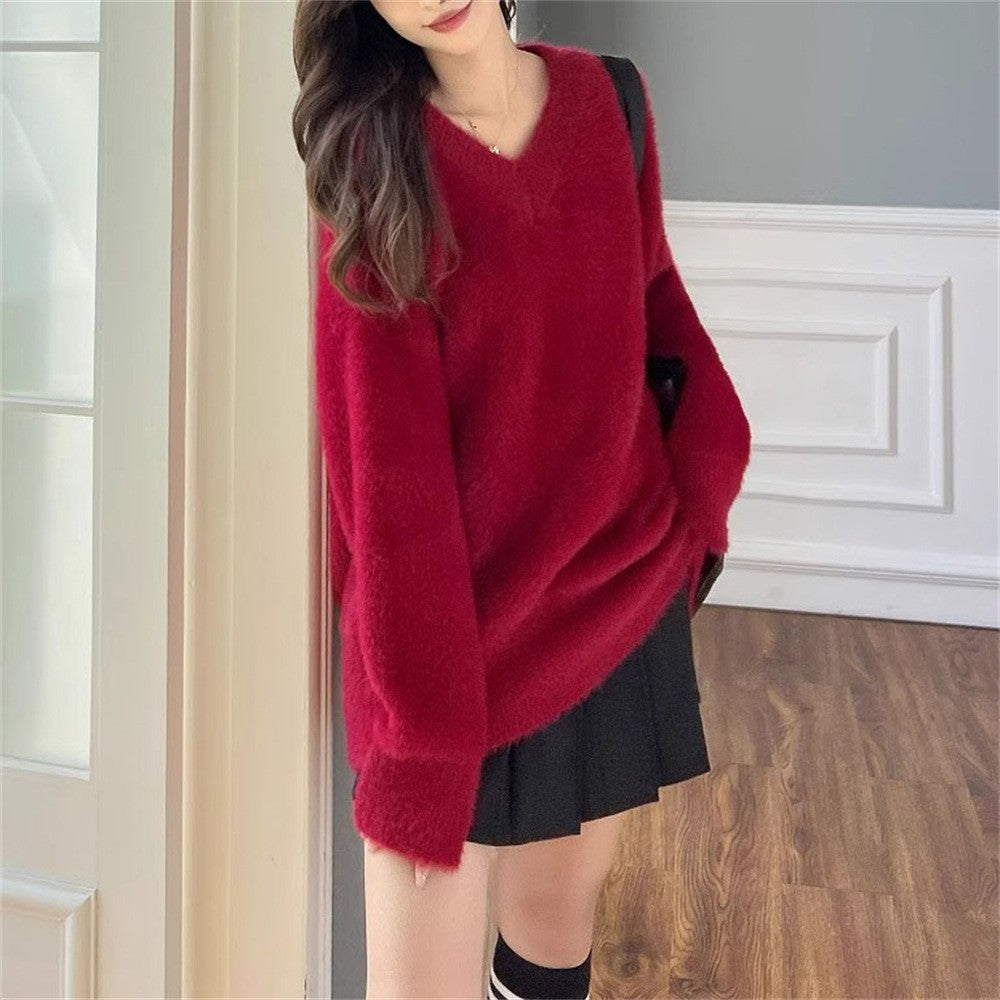New Gentle Soft Glutinous Sweater Women's V-neck Imitated Mink